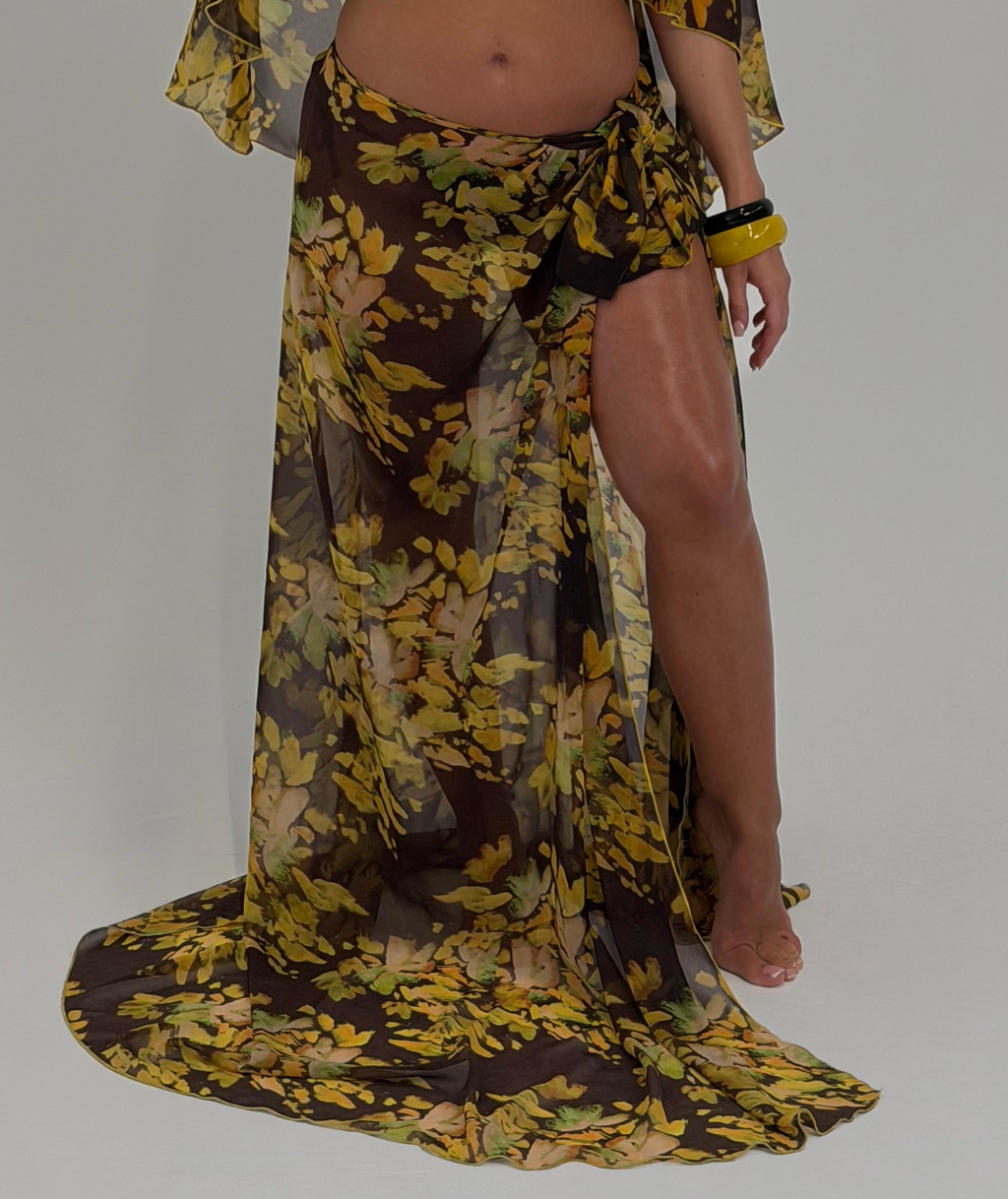 Golden Palm Wrap Tie Skirt | Abstract Print
