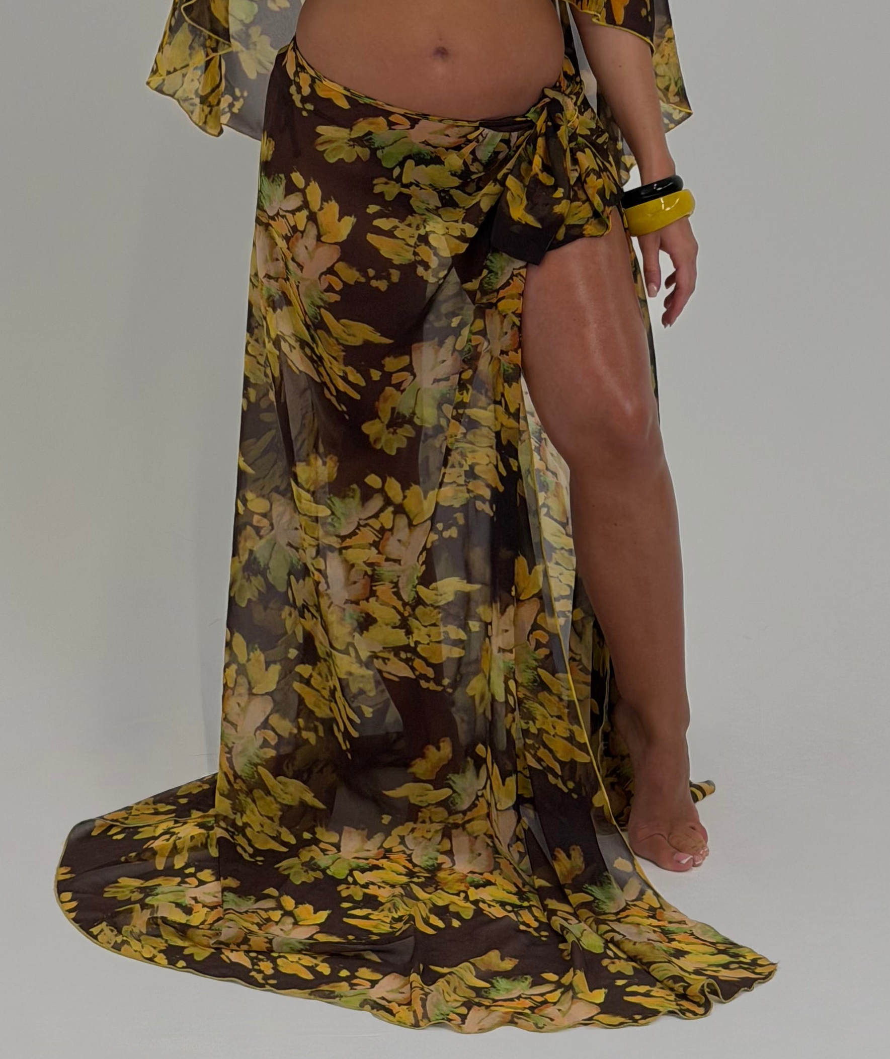 Golden Palm Wrap Tie Skirt | Abstract Print