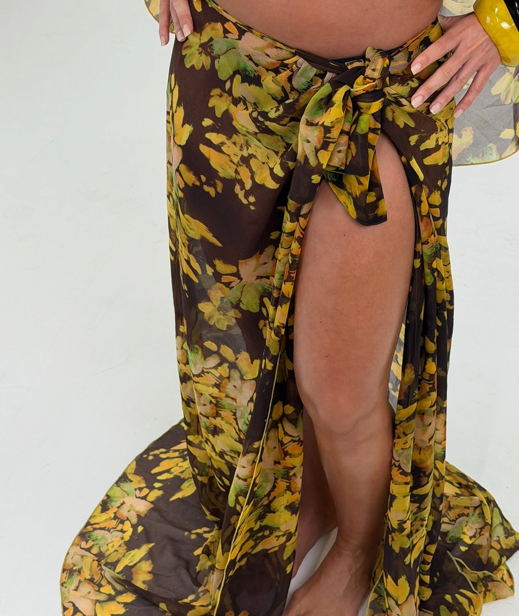 Golden Palm Wrap Tie Skirt | Abstract Print