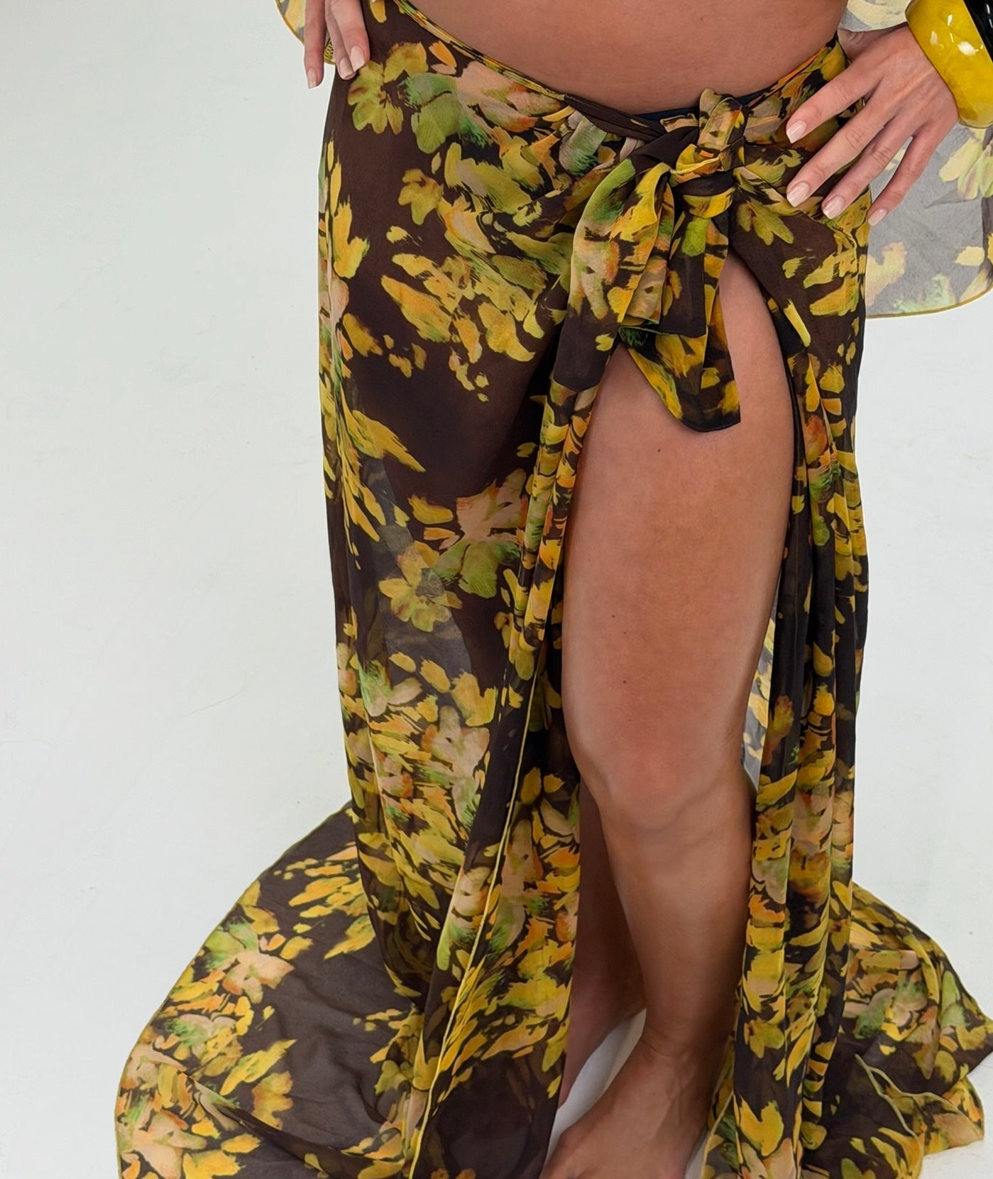Golden Palm Wrap Tie Skirt | Abstract Print